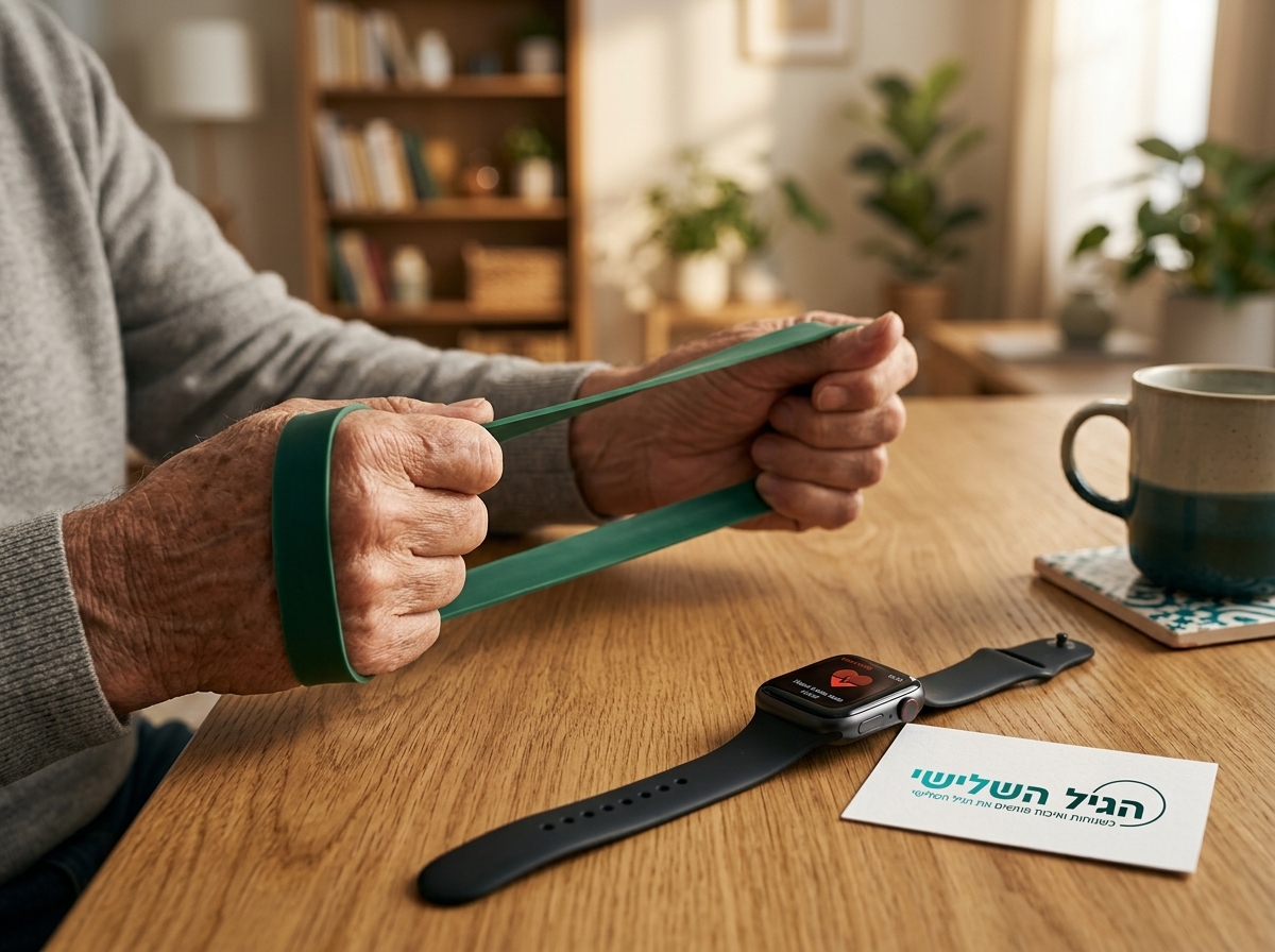 צילום תקריב פוטו-ריאליסטי של ידיים מבוגרות מותחות בעדינות גומיית התנגדות ירוקה על גבי שולחן עץ איכותי בבית, לידן מונח שעון חכם למדידת דופק, פוקוס חד על הידיים והגומייה, מראה מדויק וברור, ברקע סלון ביתי מואר ומסודר בטשטוש קל