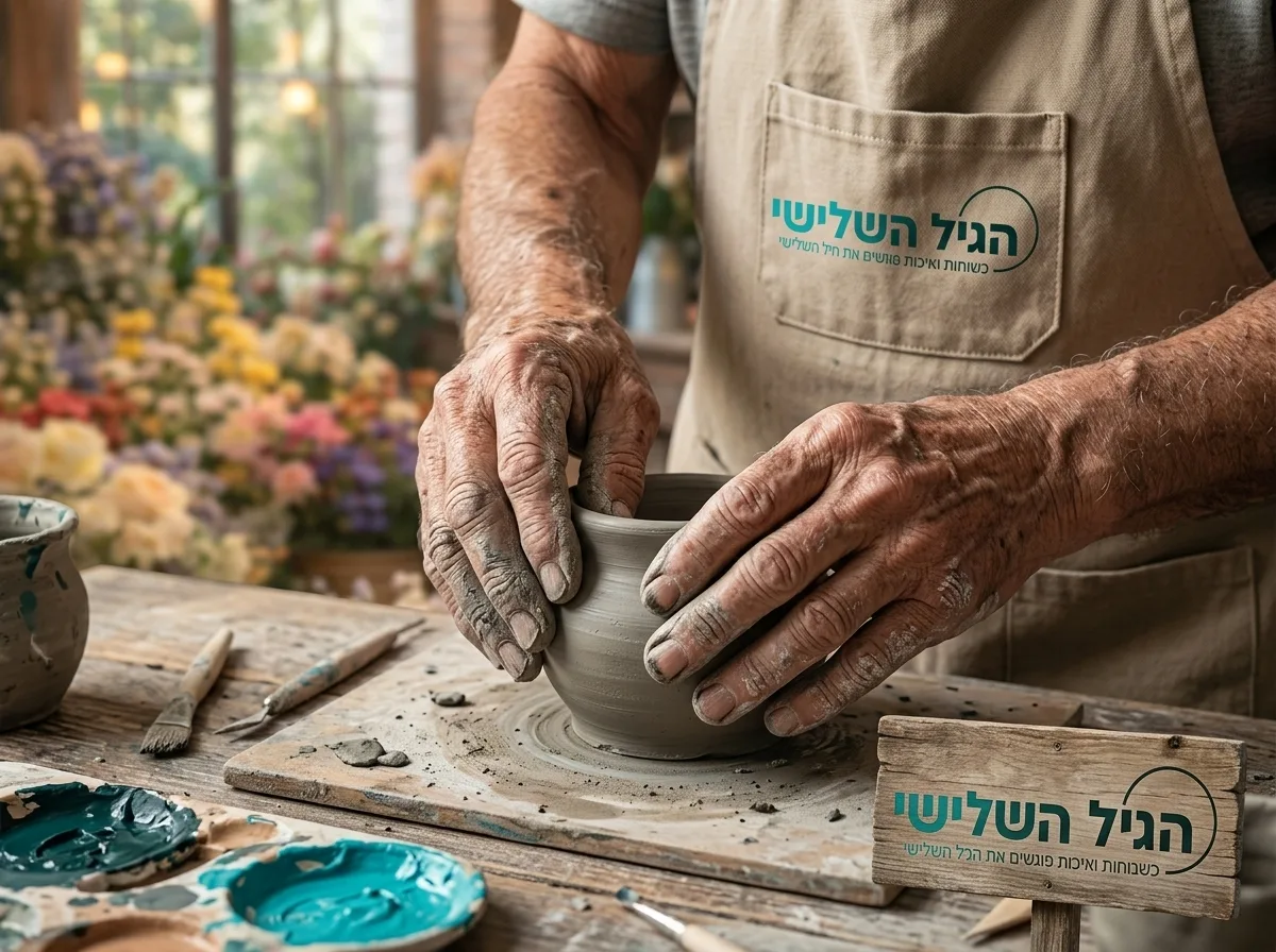 צילום תקריב פוטו-ריאליסטי של כפות ידיים עטורות קמטים של גבר מבוגר, לשות ומעצבות כלי חימר קטן על שולחן עבודה מעץ, פוקוס על מרקם החימר ולכלוך הצבע על האצבעות, תאורה טבעית.