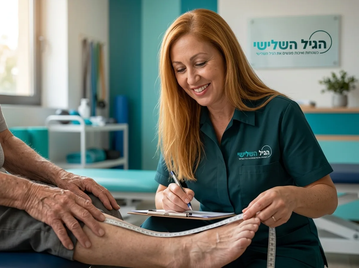 צילום מציאותי מתקריב של פיזיותרפיסט מודד כף רגל של אדם מבוגר בעזרת סרט מידה גמיש, תאורה טבעית חמימה, משדר מקצועיות ואמפתיה