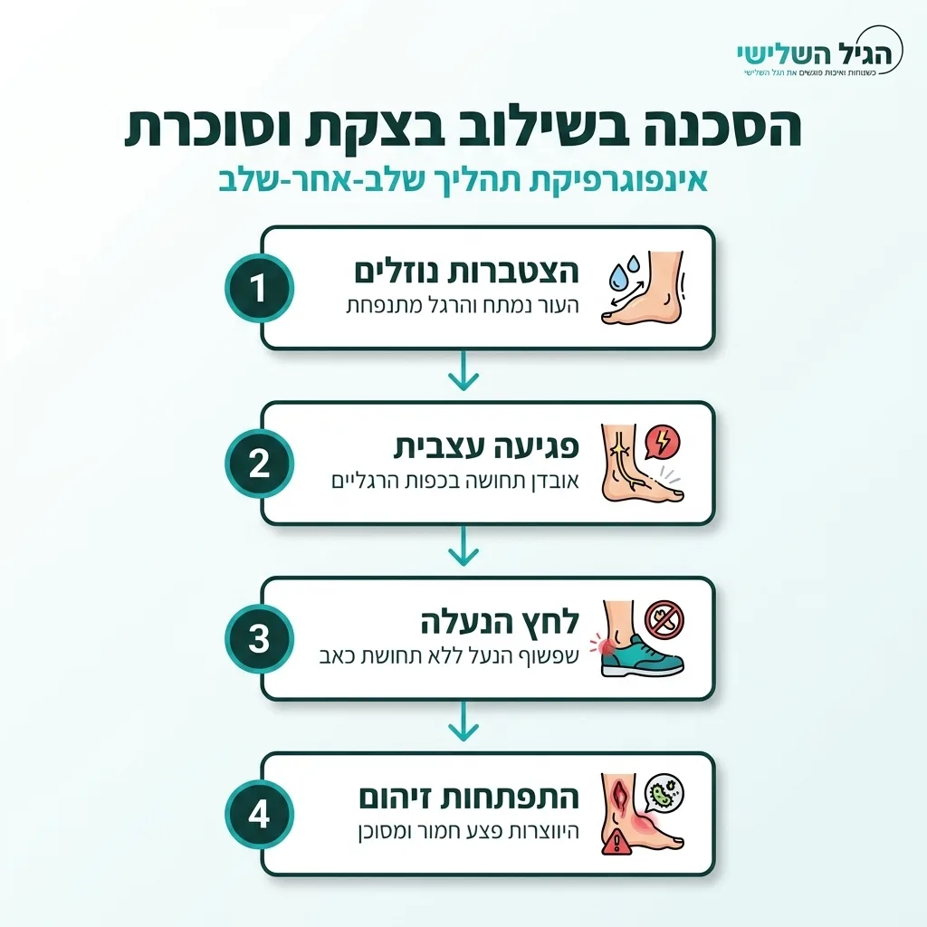 אינפוגרפיקה — הסכנה בשילוב בצקת וסוכרת: הצטברות נוזלים, פגיעה עצבית, לחץ הנעלה, התפתחות זיהום