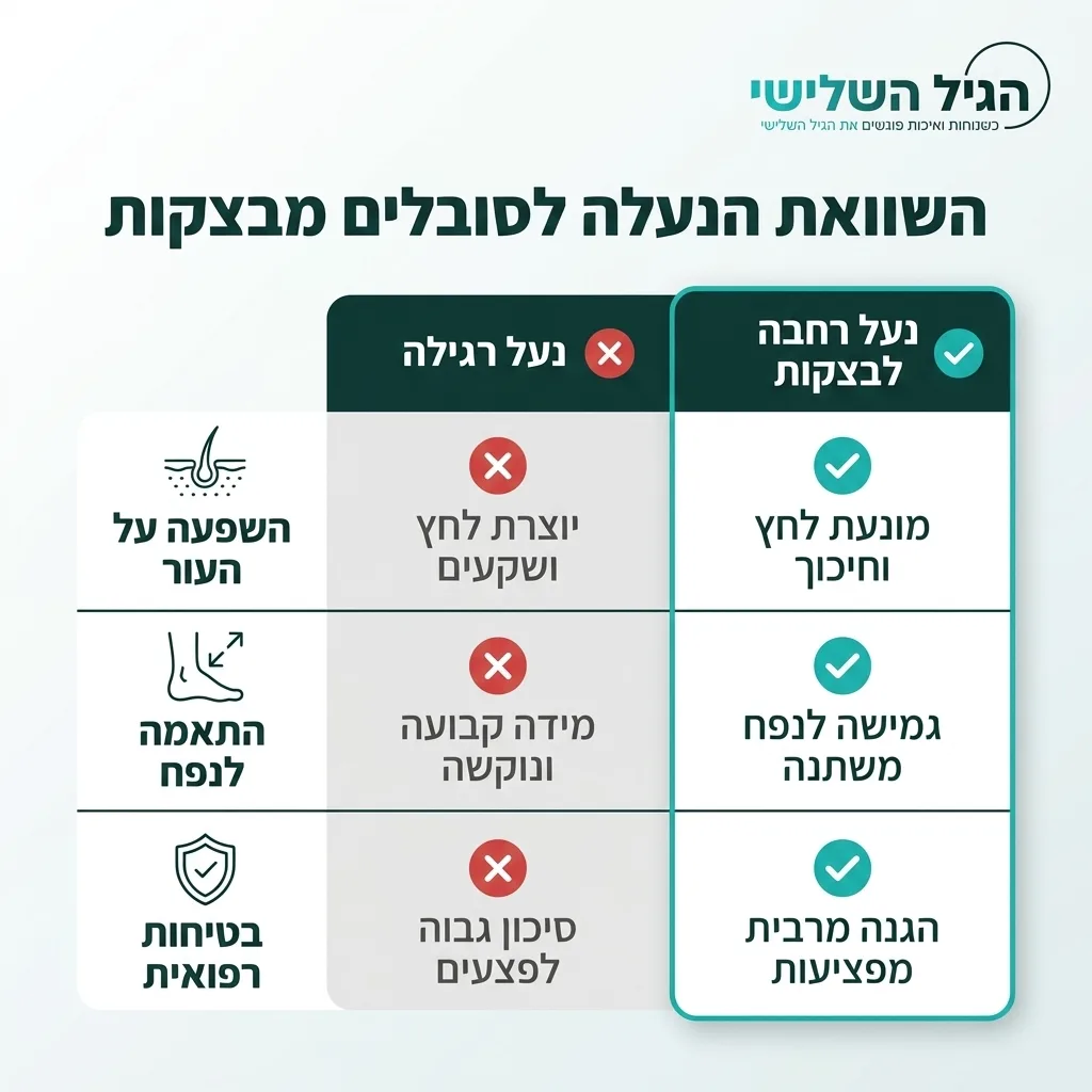 אינפוגרפיקה — השוואת הנעלה לסובלים מבצקות: השוואה בין נעל רגילה, נעל רחבה לבצקות