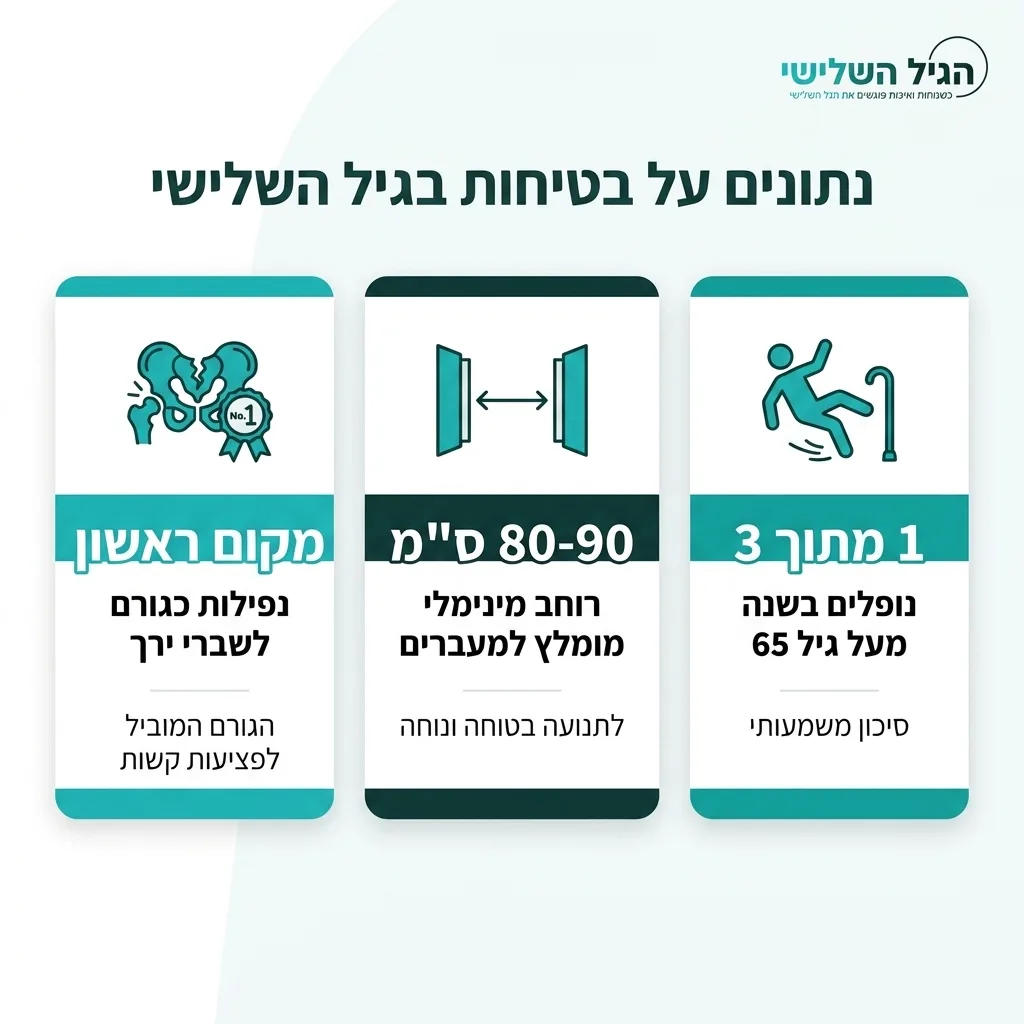 אינפוגרפיקה — נתונים על בטיחות בגיל השלישי: נופלים בשנה מעל 65, רוחב מינימלי מומלץ למעברים, נפילות כגורם לשברי ירך
