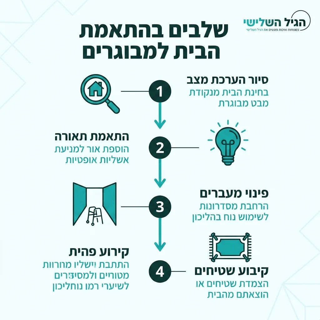 אינפוגרפיקה — שלבים בהתאמת הבית למבוגרים: סיור הערכת מצב, התאמת תאורה, פינוי מעברים, קיבוע שטיחים