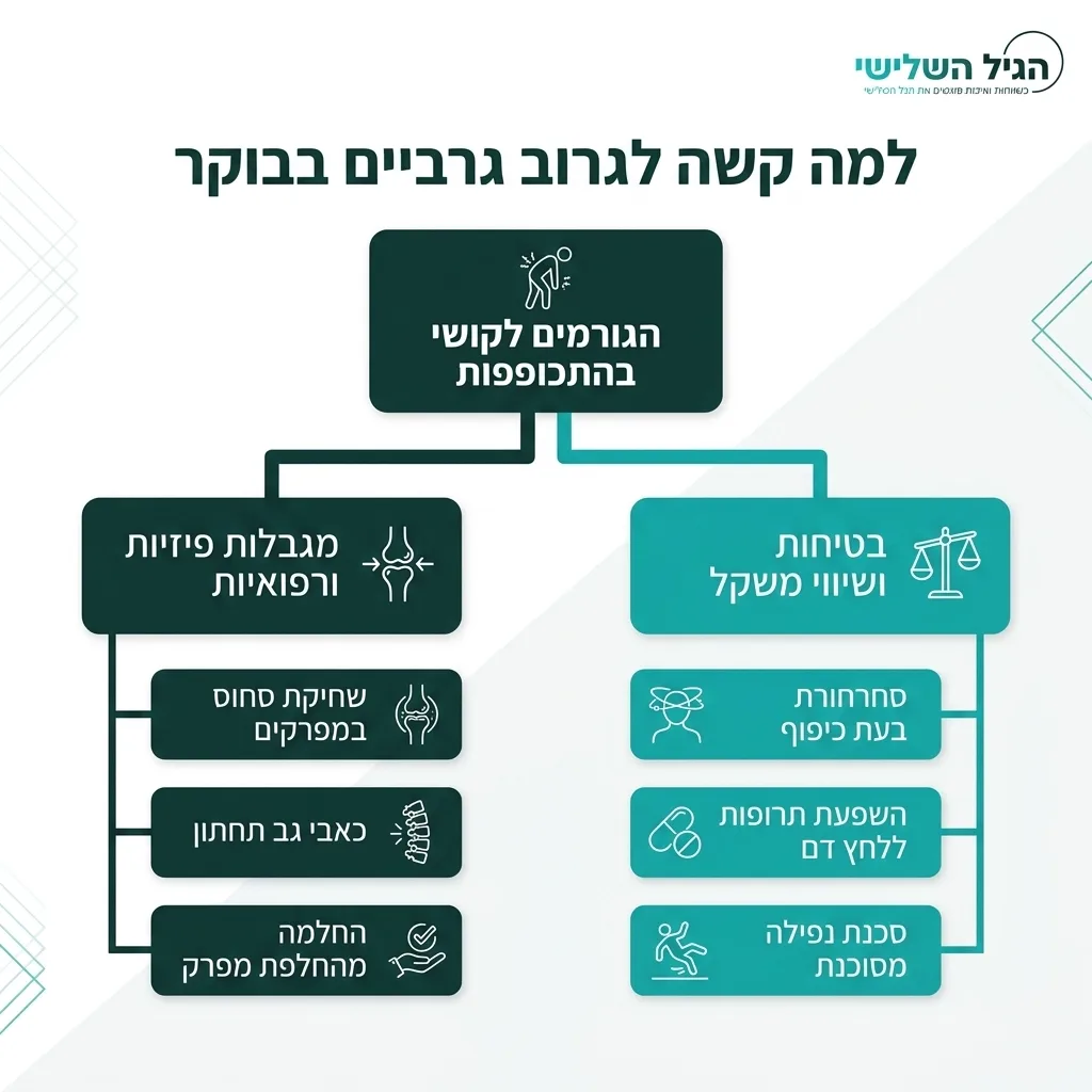 אינפוגרפיקה — למה קשה לגרוב גרביים בבוקר: הגורמים לקושי בהתכופפות