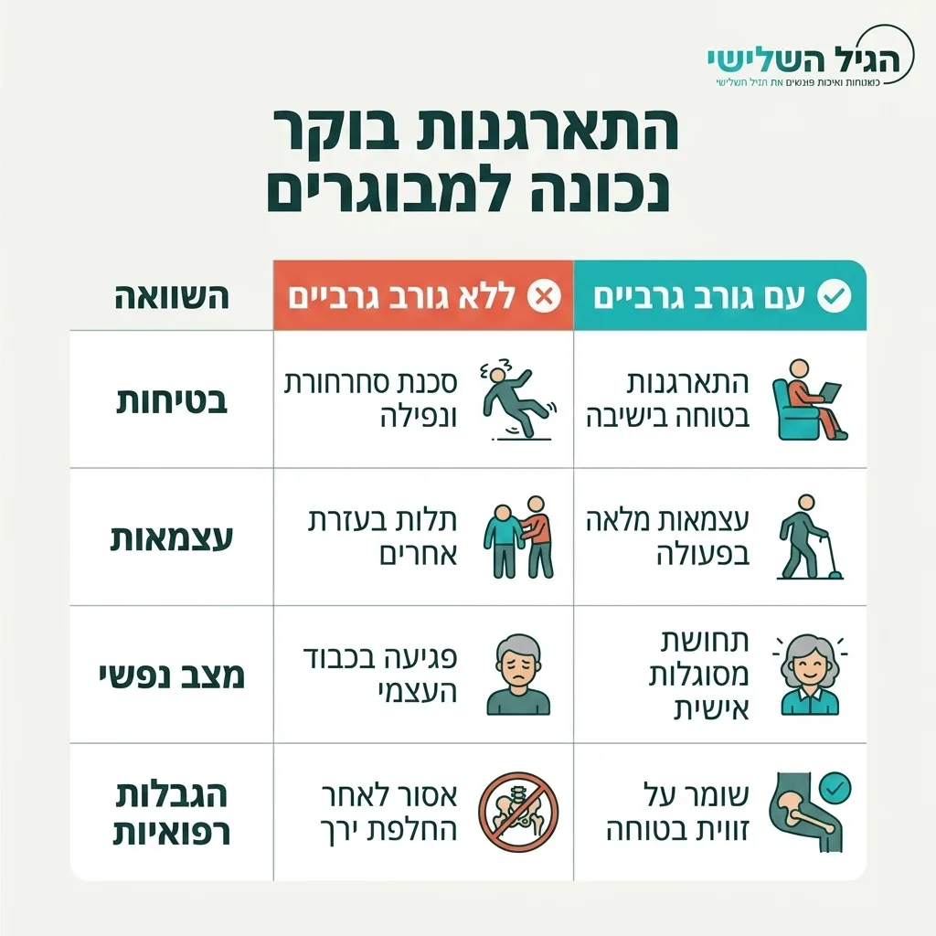 אינפוגרפיקה — התארגנות בוקר נכונה למבוגרים: השוואה בין ללא גורב גרביים, עם גורב גרביים