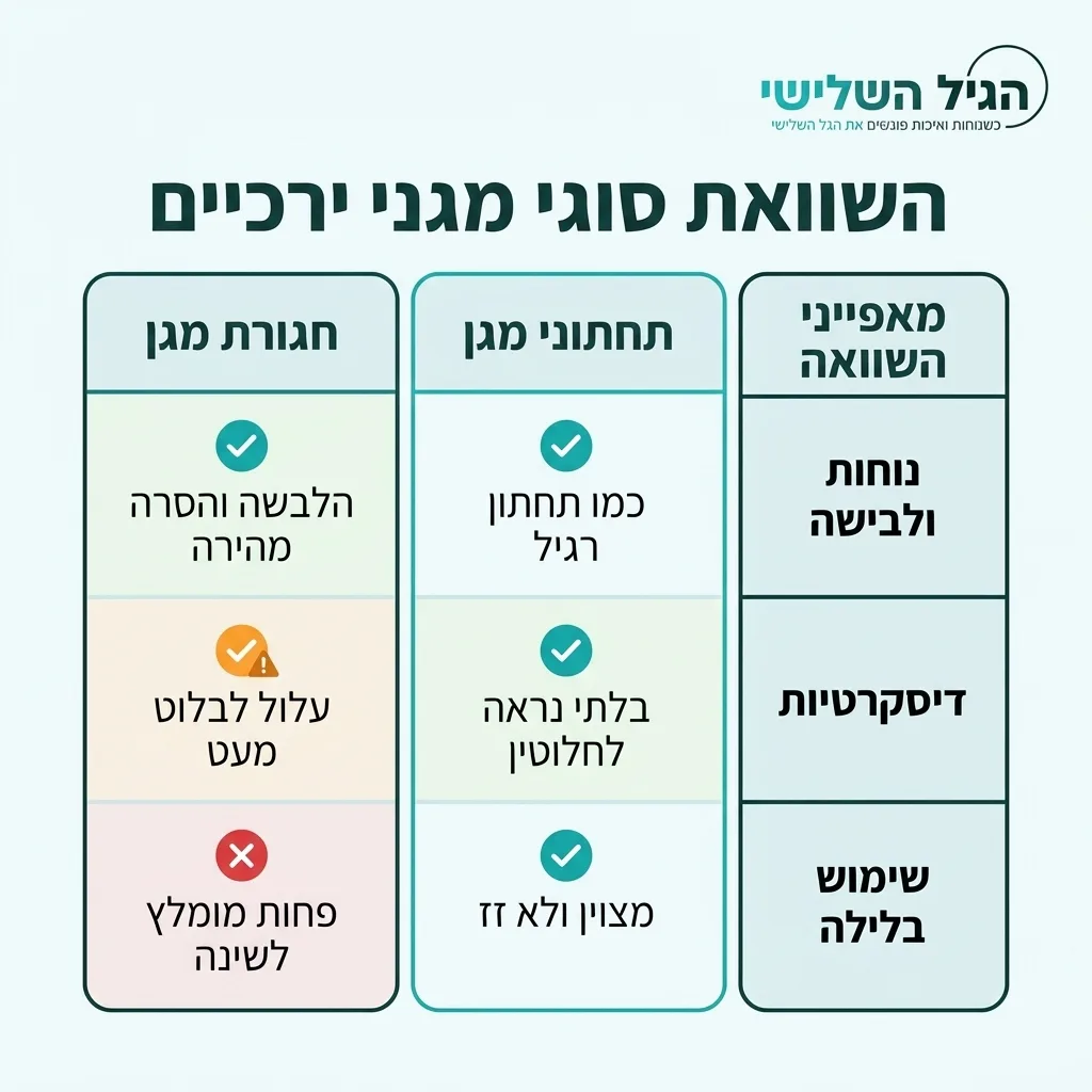 אינפוגרפיקה — השוואת סוגי מגני ירכיים: השוואה בין תחתוני מגן, חגורת מגן