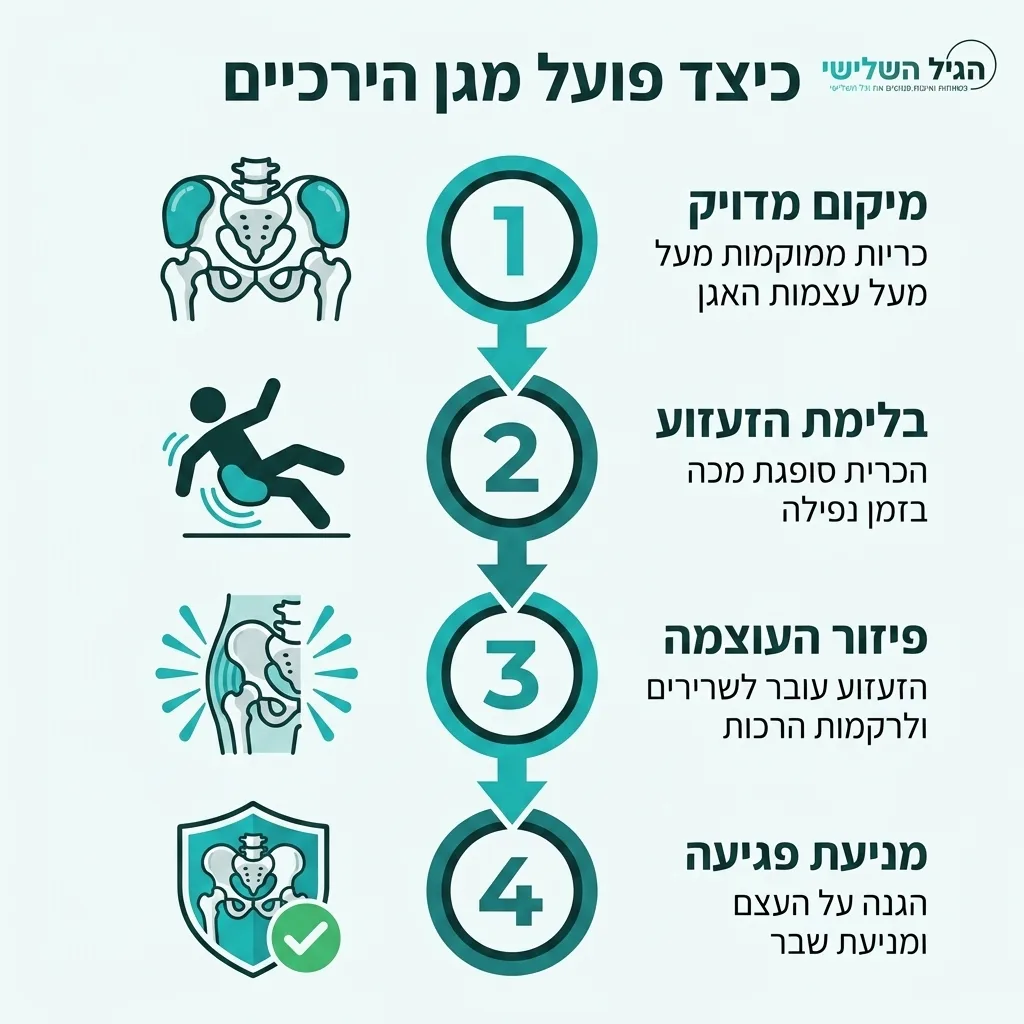 אינפוגרפיקה — כיצד פועל מגן הירכיים: מיקום מדויק, בלימת הזעזוע, פיזור העוצמה, מניעת פגיעה