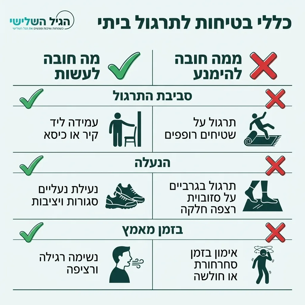 אינפוגרפיקה — כללי בטיחות לתרגול ביתי: השוואה בין מה חובה לעשות, ממה חובה להימנע