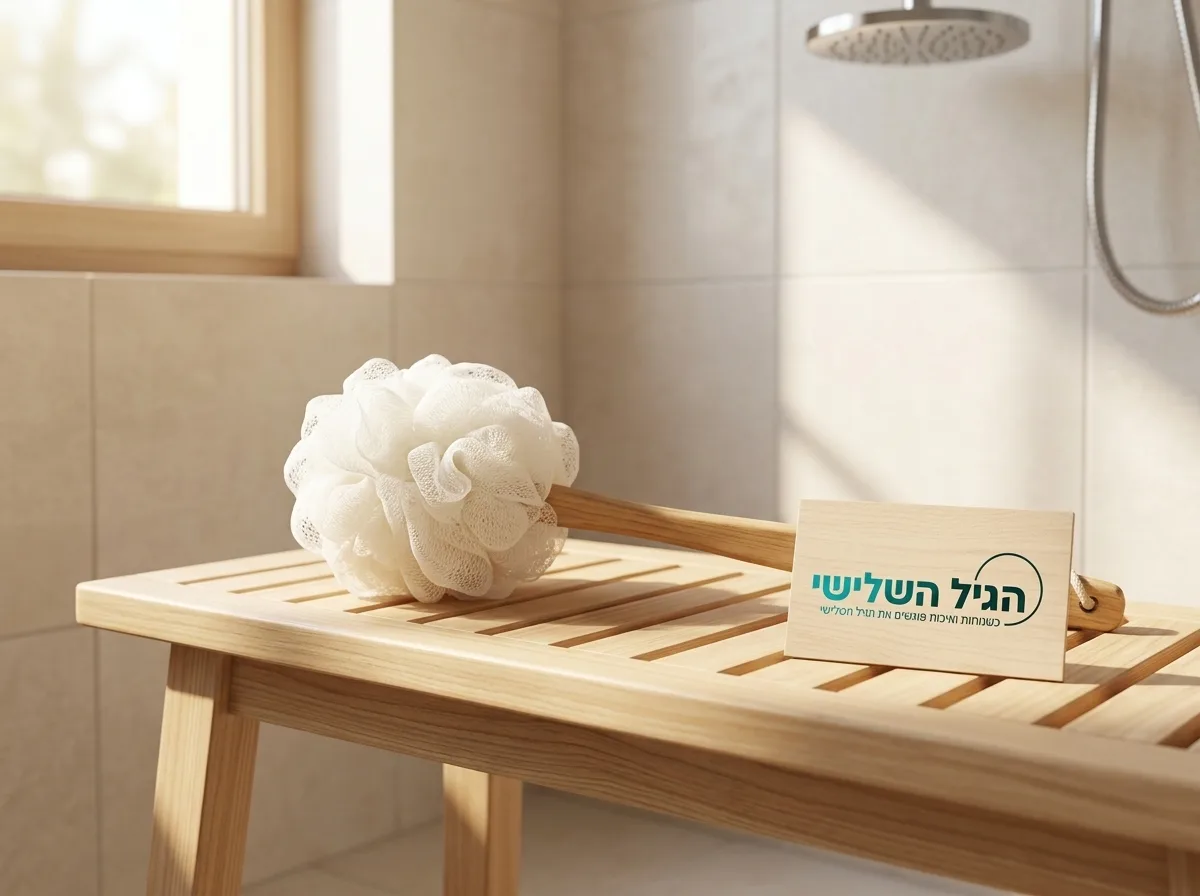 צילום פוטו-ריאליסטי של ספוג רחצה לבן ועדין עם ידית ארוכה מעץ מלא, מונח על ספסל במקלחת מוארת בתאורה טבעית חמימה, ברקע אריחים בהירים